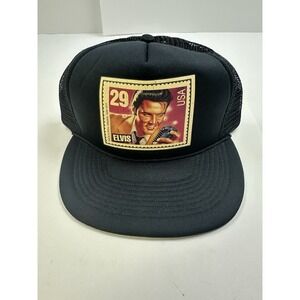 Vintage Elvis Presley Mens Trucker Hat Cap Black Mesh Back US Stamp